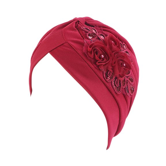 Ltpwer Chemo Headwear Muslim Beanie Hat Women Lined Pearl Jewelled Sequins Flower Turban Hats Stretchy African Knot Headwraps Pre Tied Beanie Cap for Hair Loss & Sleep Wine One Size