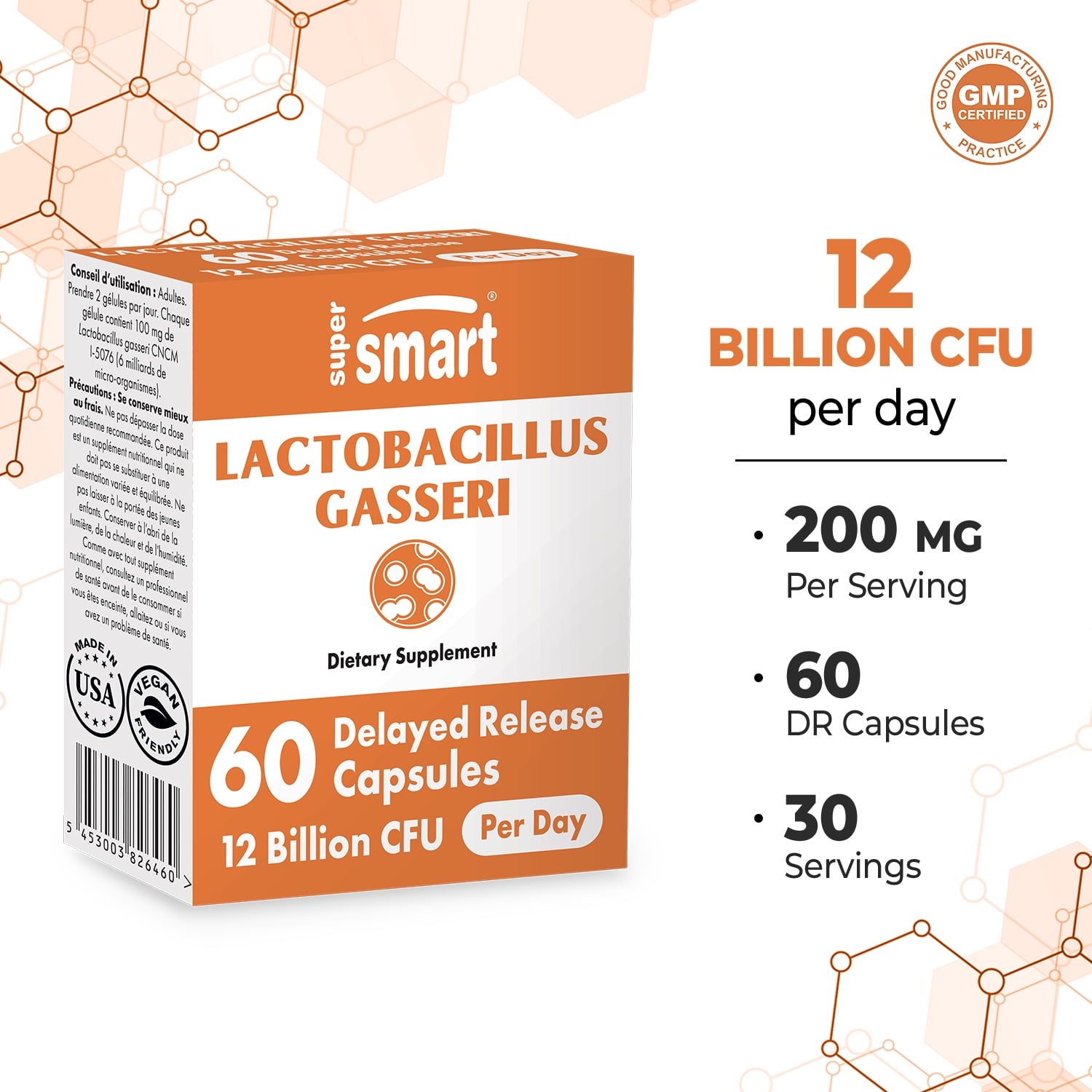 SuperSmart Lactobacillus Gasseri 12 Billion CFU per Day - Probiotic Supplement | Non-GMO & Gluten Free - 60 DR Capsules (Delayed Release)