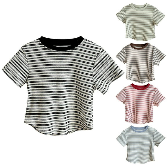 Lovzfmll Girls' Retro Stripe Short Sleeve Tee, Color Block Vintage Style Top, Summer Casual Play Shirt for Toddler 2-3 Years
