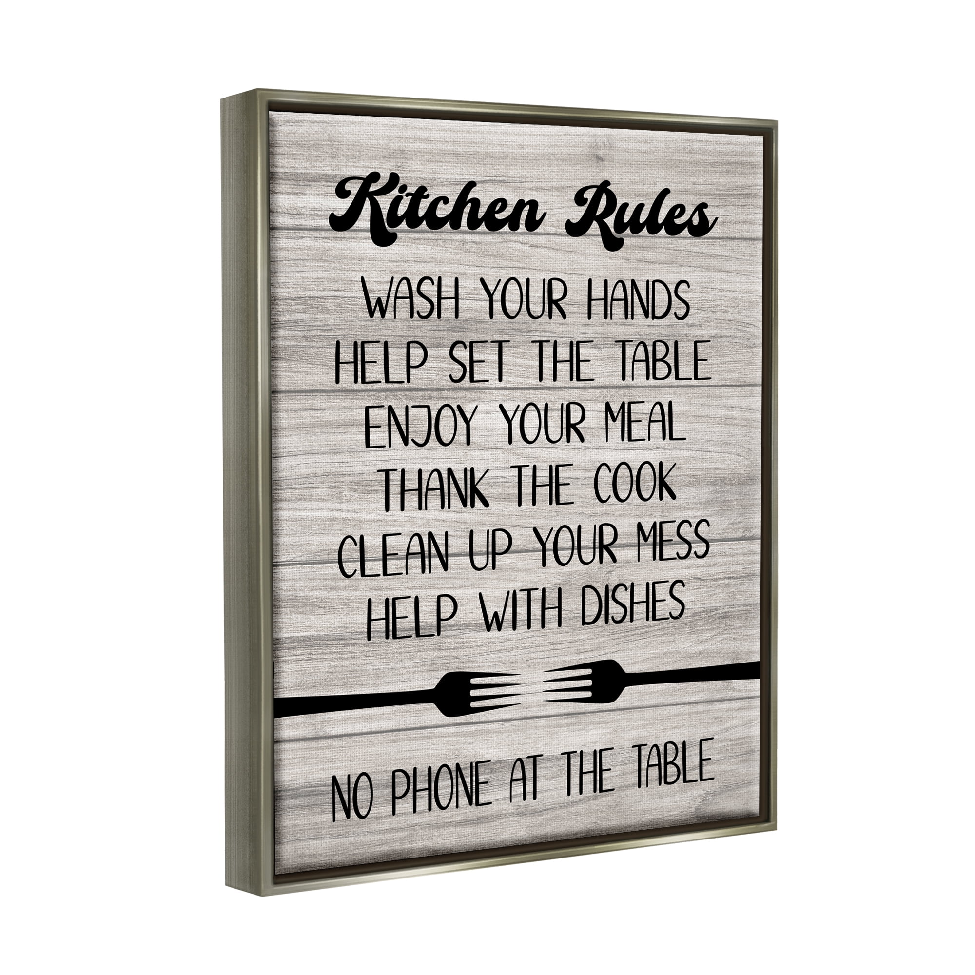 Stupell Industries Rustic Kitchen Rules Food & Beverage Painting Gray Floater Framed Canvas Art Print Wall Art, 17 x 21