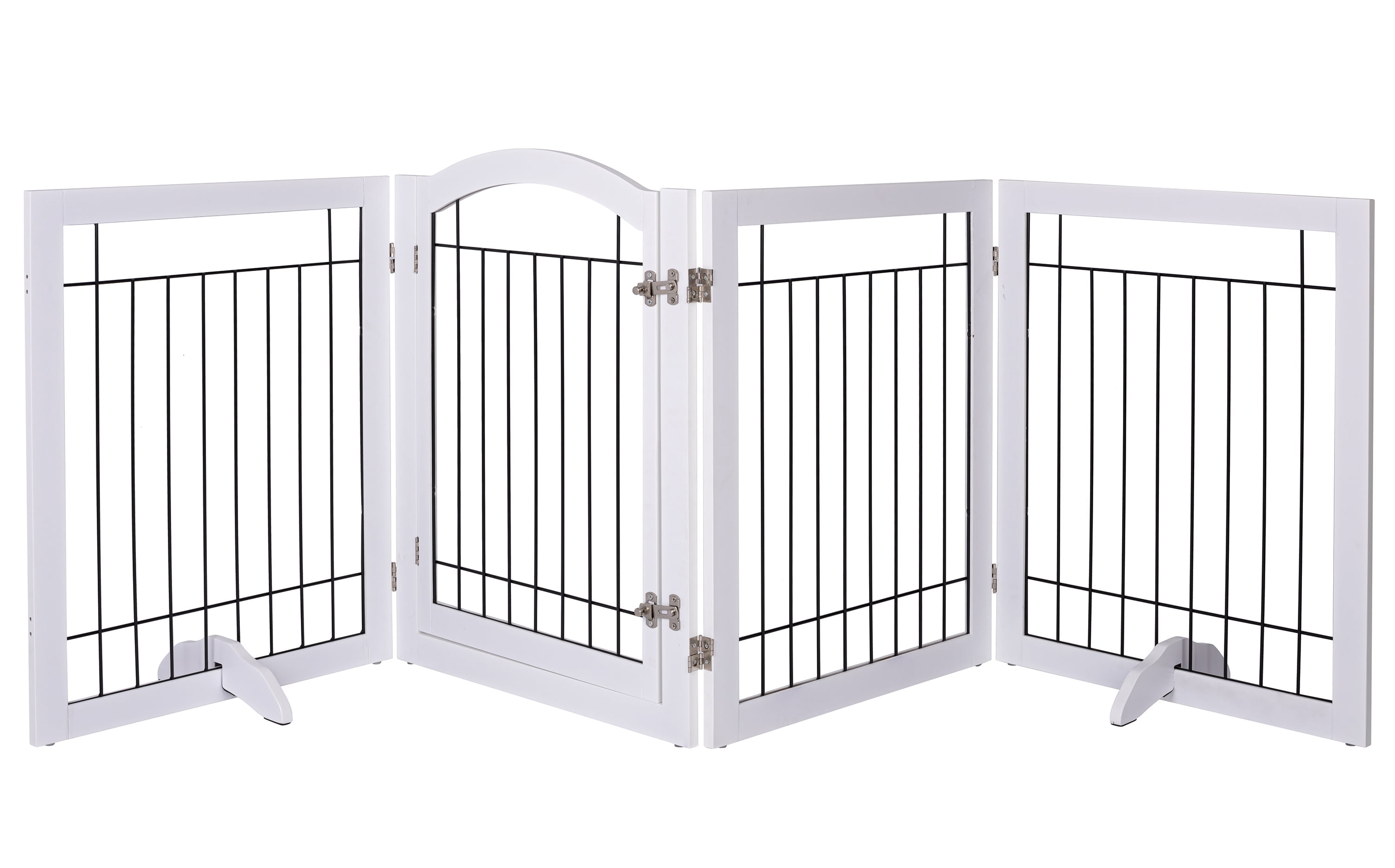 STAROUS 96-inch Extra Wide 30-inches Tall Dog gate with Door Walk Through, Freestanding Wire Pet Gate for The House, Doorway, Stairs, Pet Puppy Safety Fence, Support Feet Included(White)