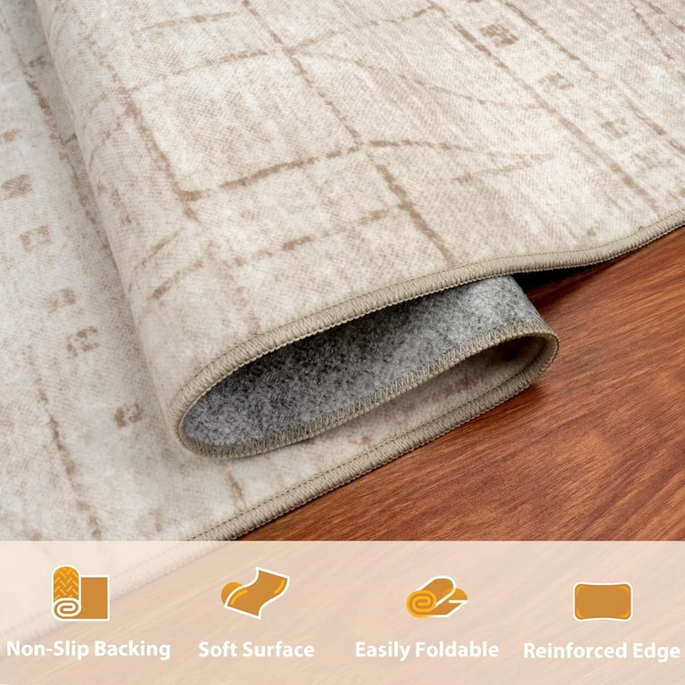 6x9 Washable Area Rug - Low Pile Abstract Modern Design, Non-Slip Backing, Beige, For Living Room Bedroom Office