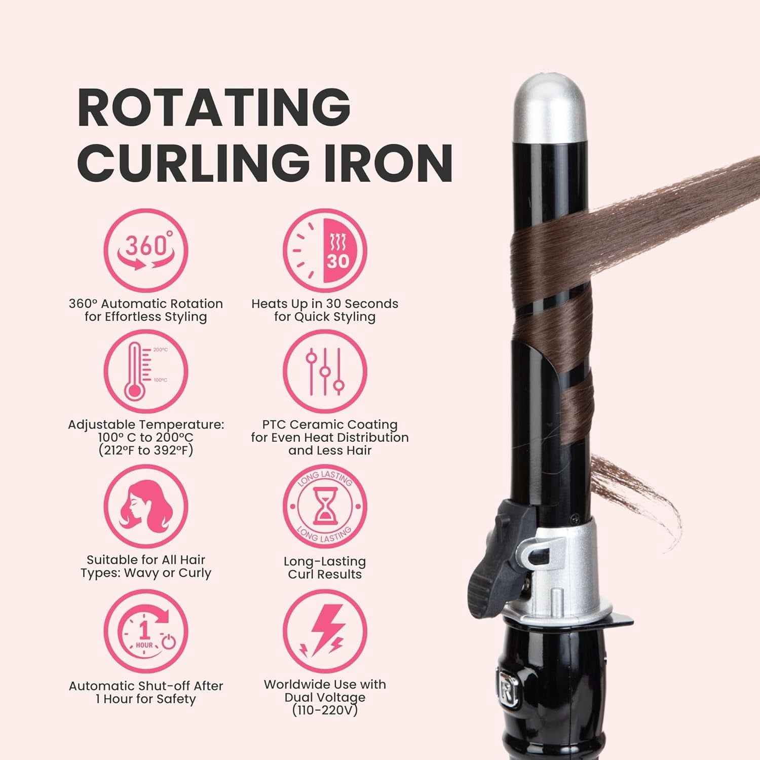 Automatic Rotating Curling Iron, 1.1-Inch Auto Hair Curler with 4 Temperature Settings & LCD Display, Anti-Scald & Dual Voltage