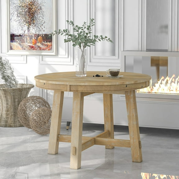 Farmhouse Round Extendable Dining Table with 16" Leaf Wood Kitchen Table with X-Shaped Base And Keyed-Through Tenons, Natural Wood Wash