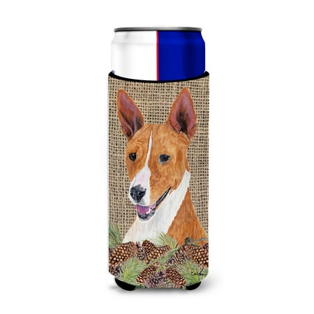 

Caroline s Treasures SC9036MUK Basenji Faux Burlap and Pine cones Ultra Hugger for slim cans Slim Can multicolor