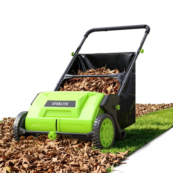 Steelite Push Lawn Sweeper,21-inch Leaf & Grass Collector, Leaf Sweeper for Lawn ,Heavy Duty Thickened Steel Durable to Use with Large 3.6 cu. ft. Mesh Collection Hopper Bag, 2 Spinning Brushes