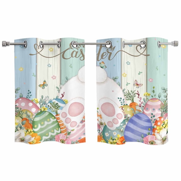 Easter Kitchen Curtains Window Panels, Spring Rabbit Ears Foot Flowers Eggs Green Wooden Insulated Window Treatment Curtain, Grommet Curtains for Bedroom/Living Room/Bathroom, 2 Piece 27.5"Wx39"L