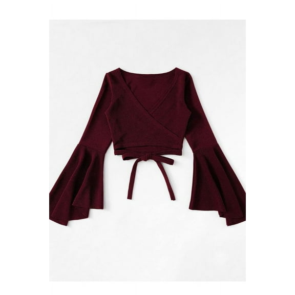 Bell Sleeve Tie Ups Crop Top (LXL, Maroon)