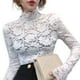 thumbnail image 1 of Blusa ajustada de malla con cuello alto y manga larga con encaje floral transparente para mujer, 1 of 8