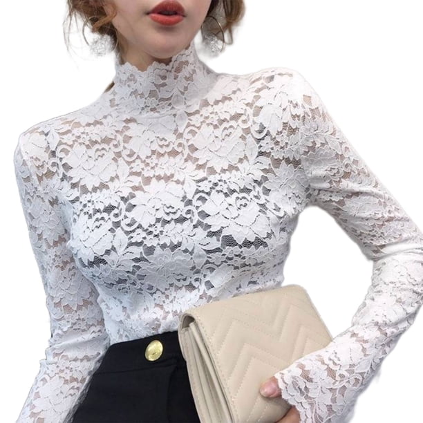Blusa ajustada de malla con cuello alto y manga larga con encaje floral transparente para mujer