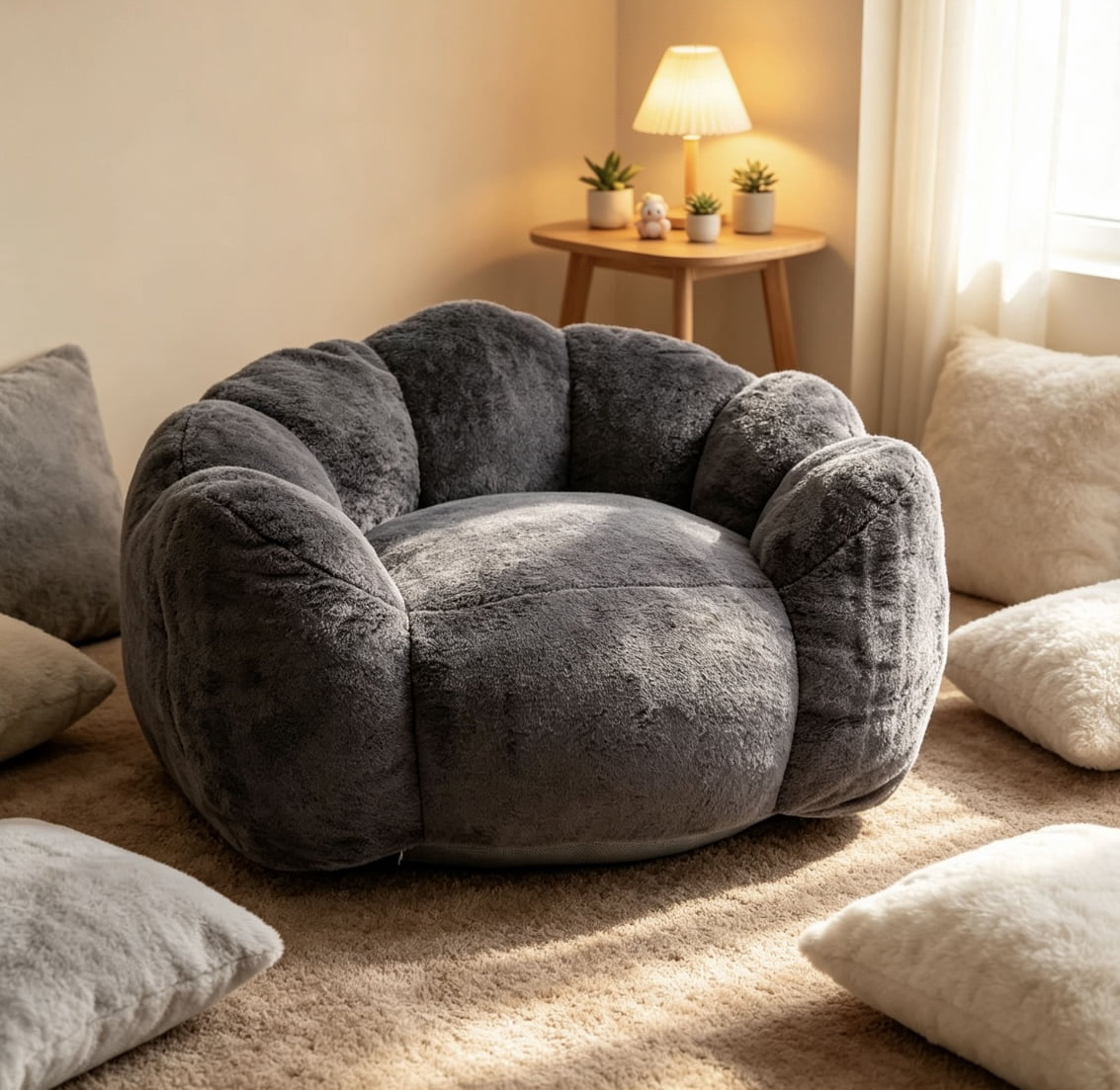 Leumius Cloud Lazy Sofa Chair,Velvet Bean Bag Chair,Comfortable Floral-Shaped Lounger Lazy Sofa for Bedroom/Living Room/Gaming,Antique Grey