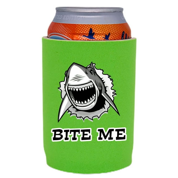 Bite Me Shark Neoprene Full Bottom Can Coolie (Bright Green)