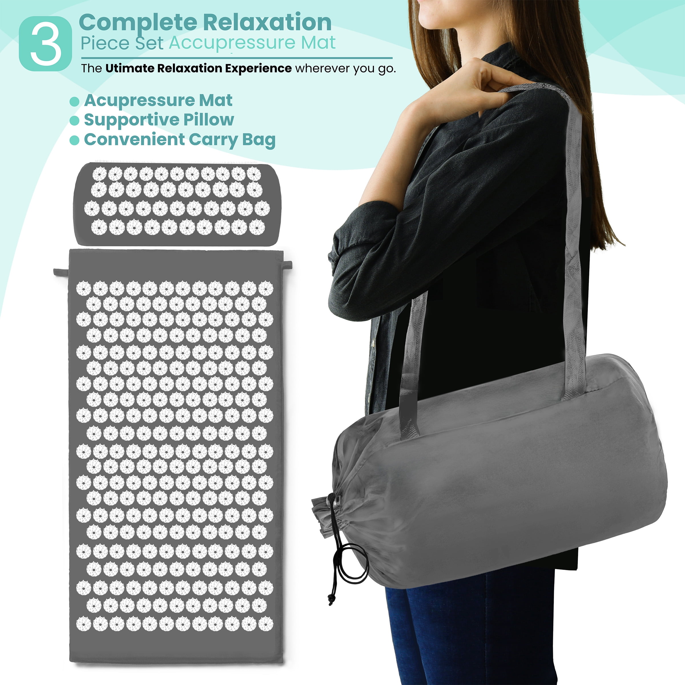 Sivan Health and Fitness Acupressure Mat and Pillow Set - Grounding Mat for Stress, Back & Neck Pain - Acupuncture Point Massage Mat for Muscle Relaxation, Sciatica, & Meditation - Includes Carry Bag