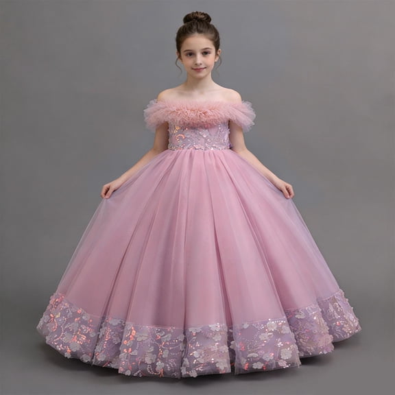 hengsof Girls' Flower Girl Dresses Princess Dresses Sweet Lace Wedding Party Tutu Dresses Fashionable Off The Shoulder Tulle Dresses Ages 3-14