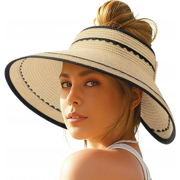 Sun Hats for Women, Beach Hat Sun Hat Women Visor Hats Wide Brim Straw Ponytail Hats for Women Foldable Floppy