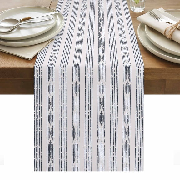 Navy Blue Stripe Table Runner - 120 Inch Long, Kitchen Dining Table Runner Dresser Scarves, Modern Abstract Vertical Stripes Beige Farmhouse Decor for Coffee Tables Wedding Party Banquet