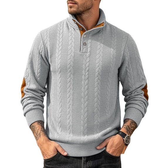 Gamivast Men's Button Neck Pullover Sweater Soft Cable Knit Long Sleeve Mock Neck Top with Elbow Patches Ribbed Cuffs Regular Fit for Casual Work Travel Fall and Winter Gray M