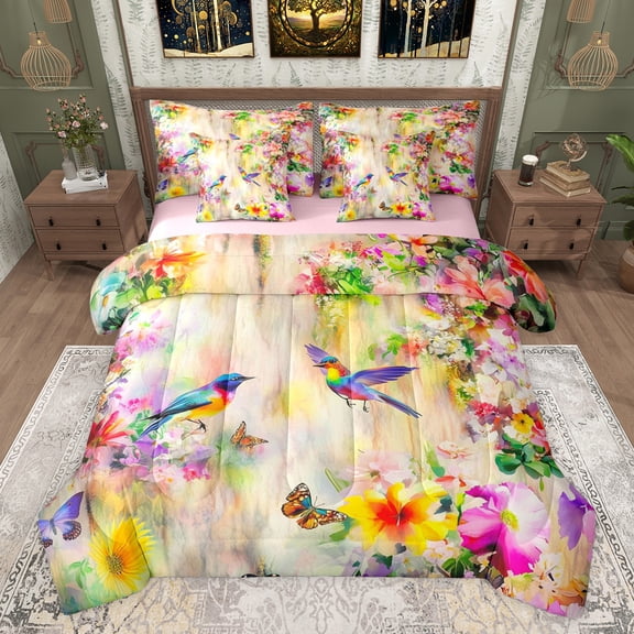 Castle Fairy Kids Teens Adults Flying Hummingbird Butterflies Twin Bedding Sets 7-Piece,Chic Floral Flowers Bedding Comforter Set Microfiber,Abstract Gradient Ombre Breathable Sheet Sets