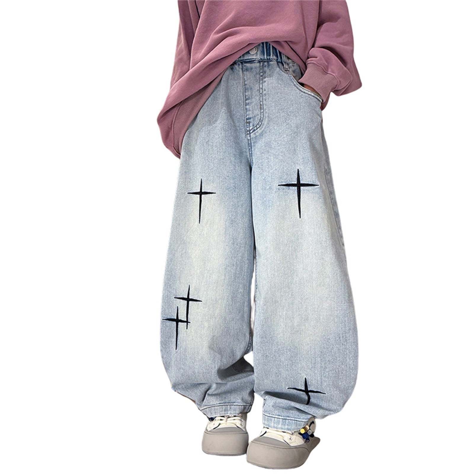 YUEHUA Boys Casual Denim Pants Straight Leg Loose Fit Trousers With Embroidery Arrival Comfortable Blend