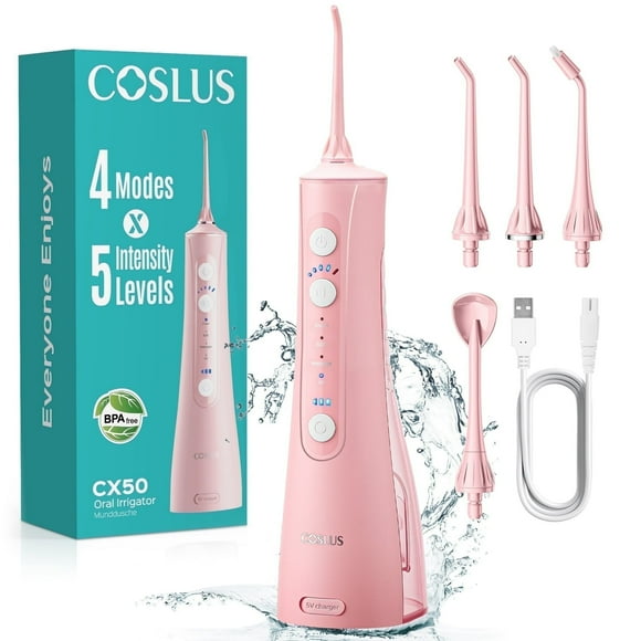 COSLUS Irrigador bucal portátil recargable con agua, 4 modos y 5 intensidades, ideal para viajes y hogar, color rosa