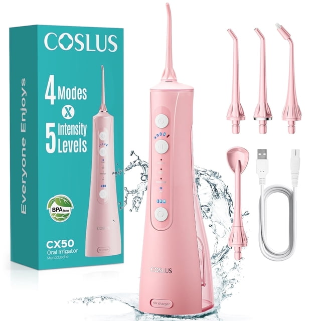 COSLUS Irrigador bucal portátil recargable con agua, 4 modos y 5 intensidades, ideal para viajes y hogar, color rosa