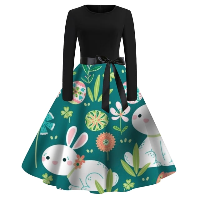 WILLBEST Robe de Maternité de Mariage pour Femmes, Imprimé de Pâques, Manches Longues, Robe Maxi Ceinturée, Robe Décontractée Fluide pour les Fêtes avec Taille à Nouer