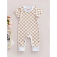 thumbnail image 2 of Cenuakty Baby’s Casual Short Sleeve Jumpsuit Fashion Checkerboard Printed Round Neck Long Romper, 2 of 9