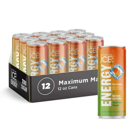 Sparkling Ice +ENERGY Maximum Mango Sparkling Water. Energy drinks with Vitamins & Electrolytes Zero Sugar 12 fl oz Cans (Pack of 12)