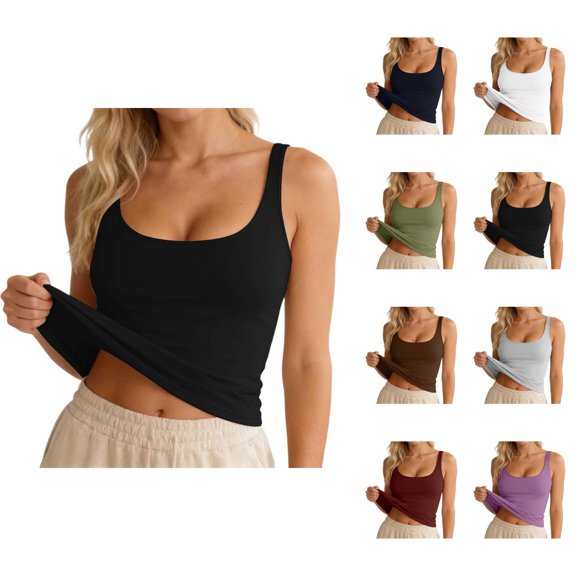 Womens Tank Tops with Built in Bras U Neck Casual Plain Cropped Fitted Padded Sleeveless Shirt Summer Outfits