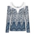 thumbnail image 4 of RKZDSR Women Tshirts Graphic Clearance,Plus Size Summer Womens Cold Shoulder Blouse Short Sleeve Cute Plain Tees Sexy V Neck Lace Crochet Patchwork Tunic Tops G17-Blue S, 4 of 5
