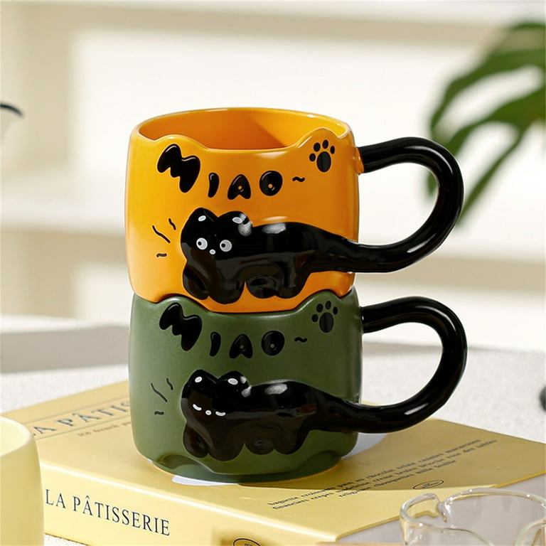 Valentine Decor Cat Mug Set Stacking Ceramic Cups Tail Handle