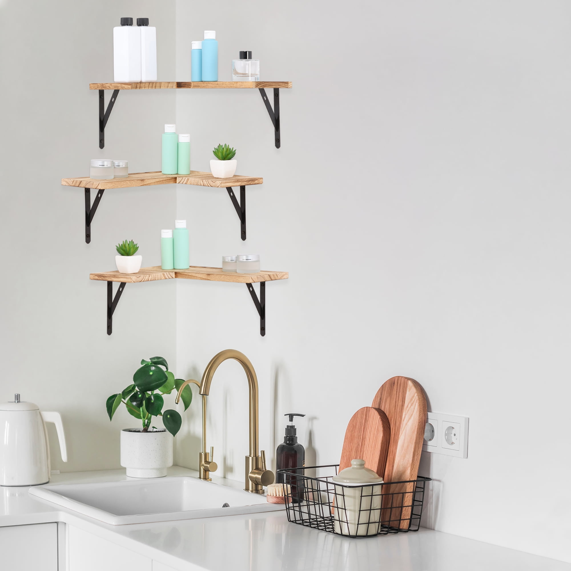 Unique Bargains Wood Floating Shelves Set of 3 Wall Mounted Shelves Light Brown 15.7"