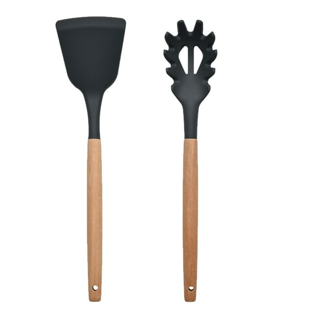 Juego de 2 utensilios de silicona antiadherentes con mangos de madera redondeados para cocinar y hornear