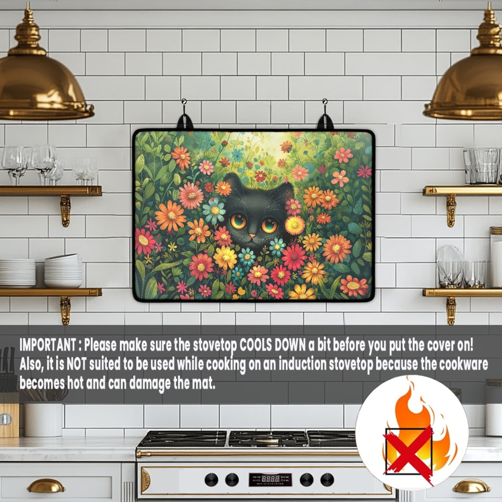 Renewold Stove Cover Glass Stove Top Cover Protector Heat Resistant Non-slip Stove Burner Cover Prevent Scratching Cooktop Mat for Kitchen Counter, Black Cat Flower