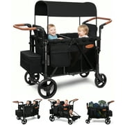 Vomeast Upgrade Wagon Stroller for 2 Kids, 2-Seater Baby Stroller Wagon with Canopy, 5-Point Harness, Adjustable Handle(Black)