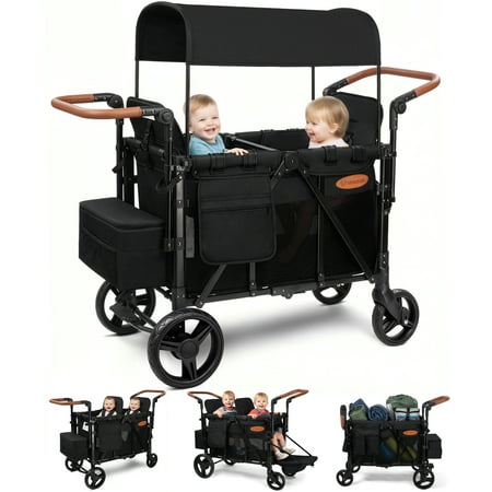 Vomeast Upgrade Wagon Stroller for 2 Kids, 2-Seater Baby Stroller Wagon with Canopy, 5-Point Harness, Adjustable Handle(Black)
