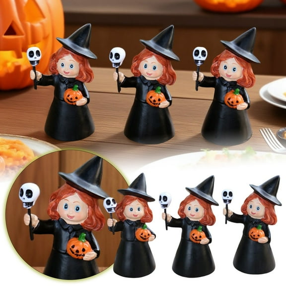 Set of 3 Mini Halloween Pumpkin Figurines - Resin Witch Broom Decor for Tabletop, Fireplace Mantle, Shelf Decorations | Indoor Fall & Halloween Gifts