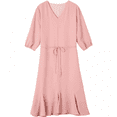 thumbnail image 1 of 2023 Manches d'Été Femmes V-Cou Mini Robe Solide Ample Court Plissée Fluide Robes (Rose L), 1 of 3