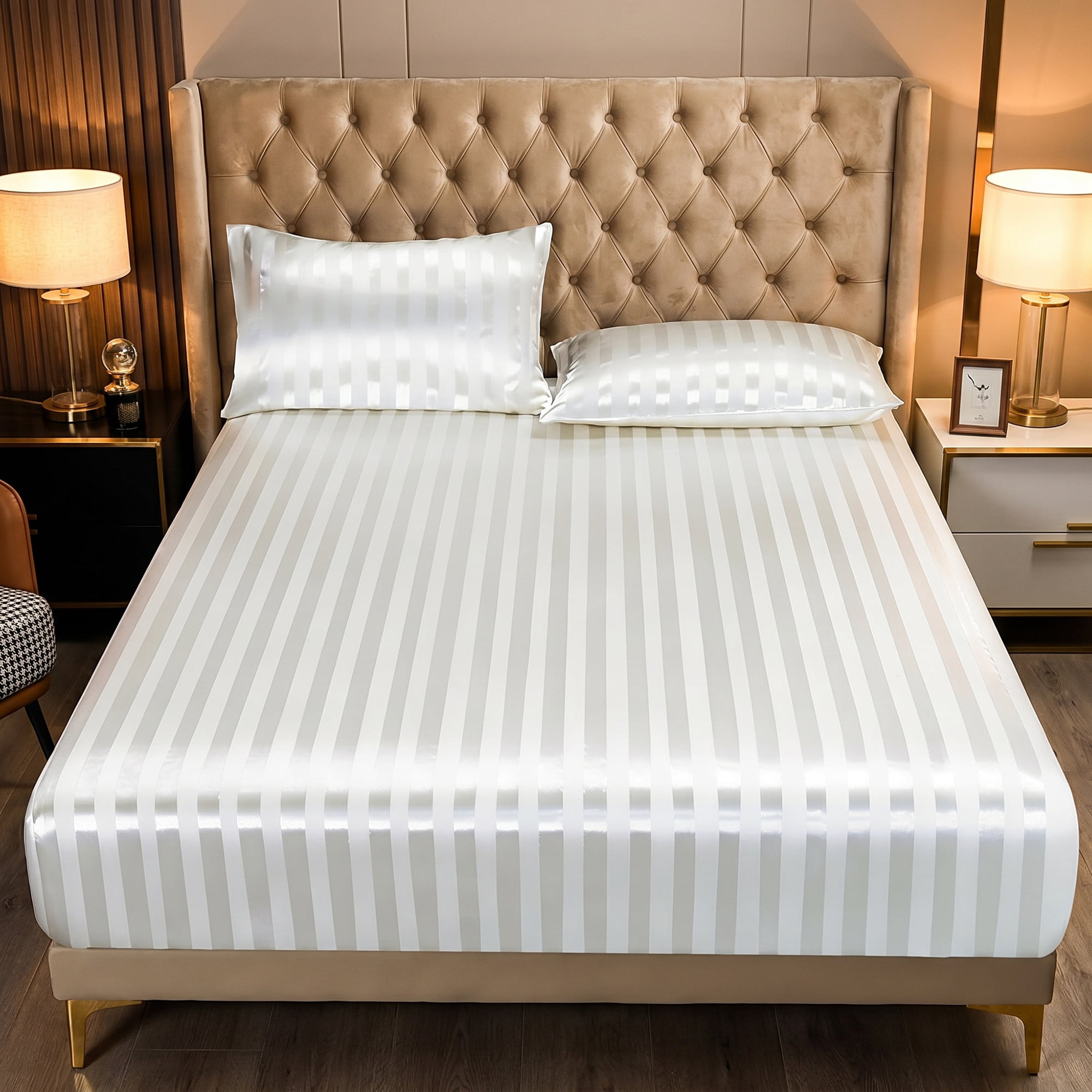 Unique Bargains Fitted Polyester Satin Strip Bed Sheets Wear Resistant 78.0"x79.9" White