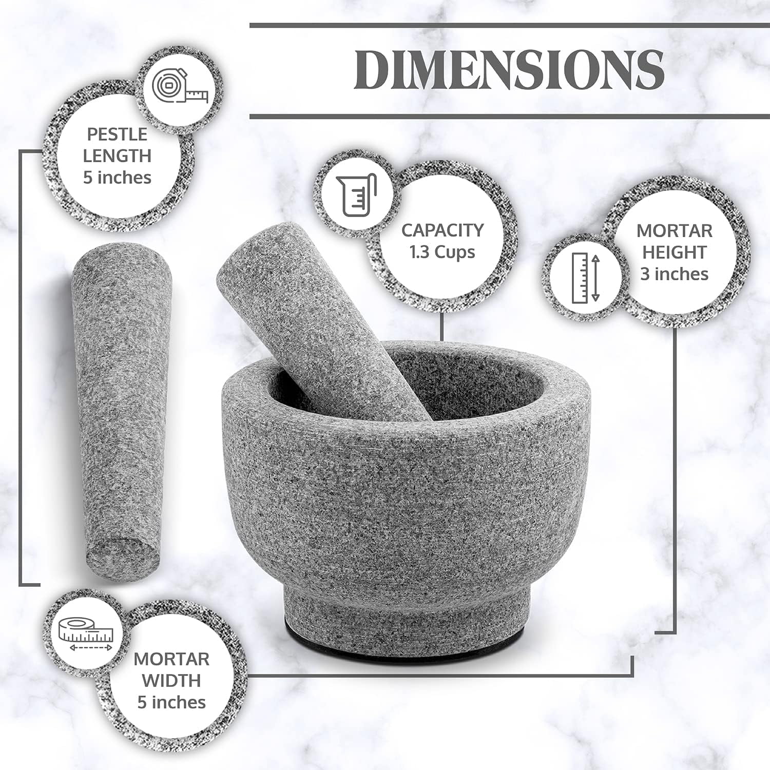 Tortillada – 6-Inch Mortar and Pestle Set Large Made of Natural Granite with Anti-Scratch Wood Base Granite Spice Herb Grinder Pill Crusher with 50
