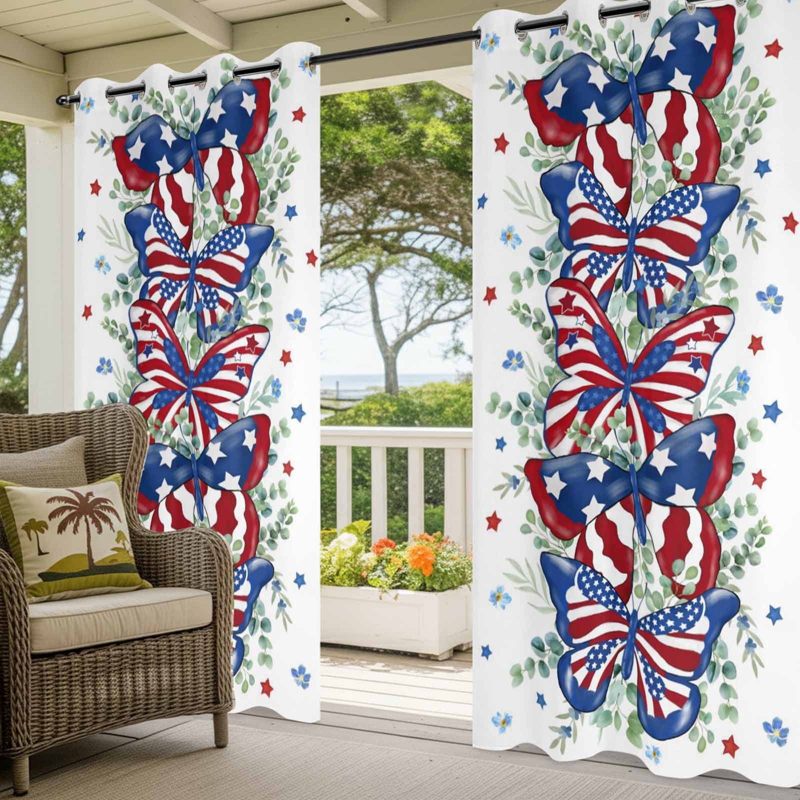 Independence Day Butterfly Outdoor Curtains for Patio, Country American Flag Butterfly Star Green Leaf Sunshade Privacy Drapes Grommet Waterproof Outside Curtains for Porch Balcony 54"x108", 1 Panel