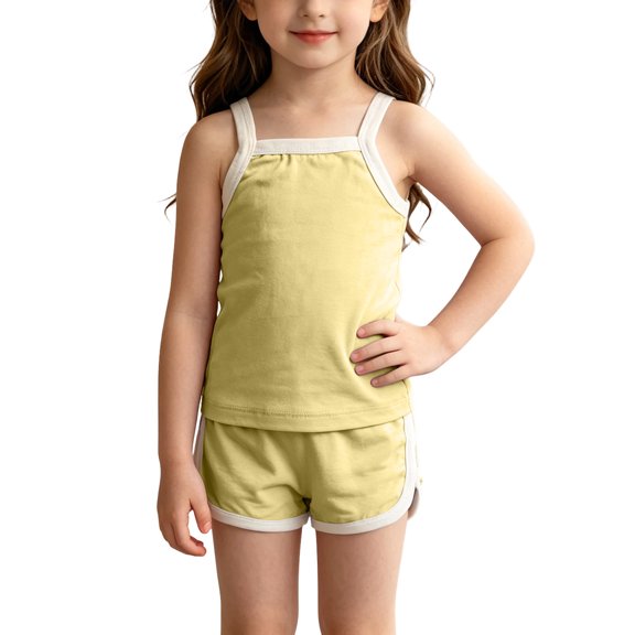 Juorvia Toddler Girls Summer Outfits 2pc Loungewear Cotton Classic Fitted Sleeveless Tops Color Spliced Shorts(18-19 Months,Yellow)