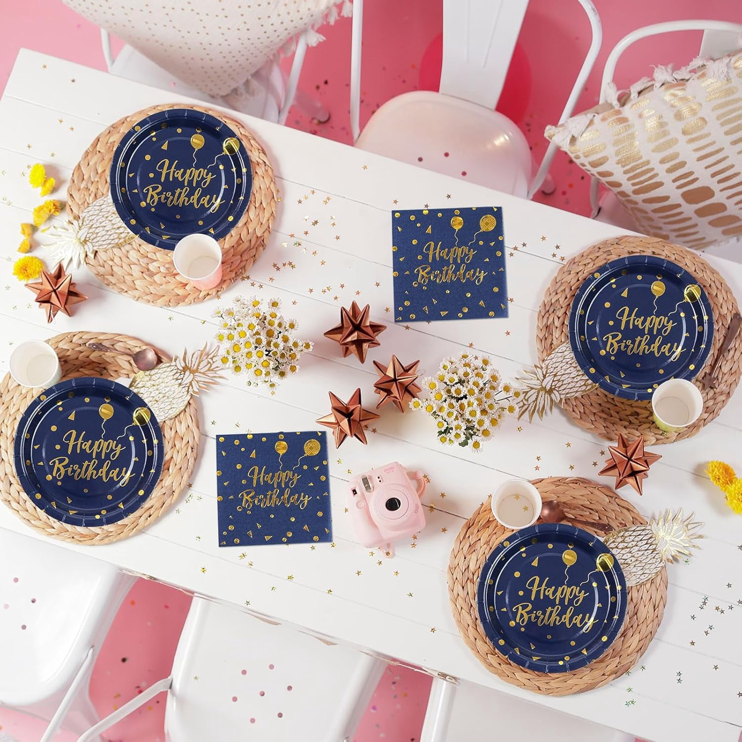 150PCS Happy Birthday Paper Plates and Napkins - 7 Inch Deep Blue Gold Dot Paper Plates and 6.5 Inch Napkins with 6.3 Inch Gold Forks Disposable Tableware Set for Birthday Party Decorations, Serves50