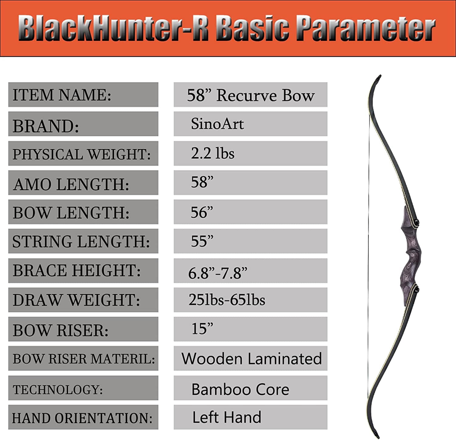 58" Takedown Wooden Riser Recurve Bow Bamboo Limbs Lightweight Right/Left Handed Hunting Target Shooting 25-65Lbs