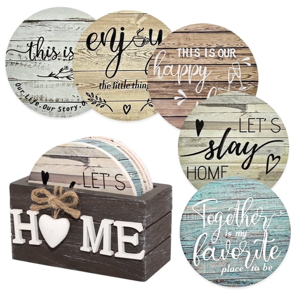 Style-Carry 6 Pack Wood Coasters with Holder, Rustic Farmhouse Drink Coasters for Coffee Table & Kitchen, Tabletop Protection, Housewarming Gifts