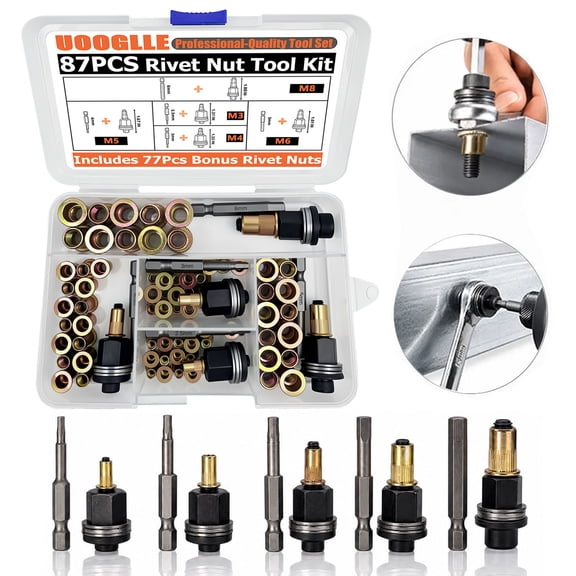 Uooglle Rivet Nut Tool Kit, M3 M4 M5 M6 M8 Rivnut Set, Carbon Steel Threaded Riveter for Automotive Repair Warehouses
