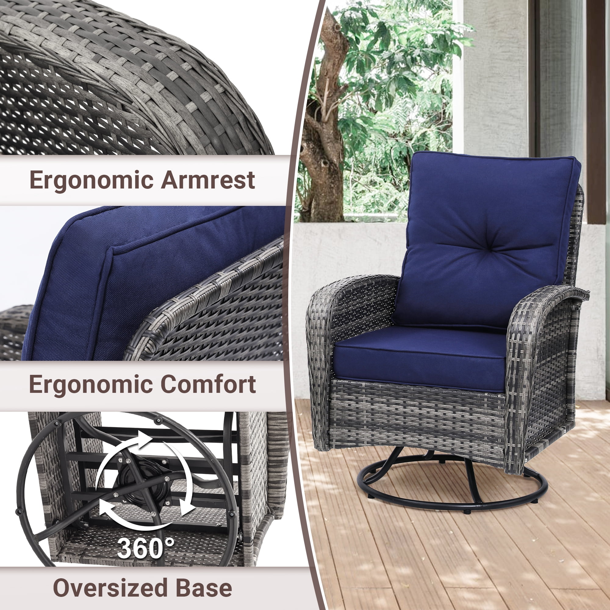 Melocadol Patio Wicker Glider Set, 2 Swivel Chairs with Matching Table, Comfy Washable Seat Cushions, Premium Outdoor Furniture for Garden, Balcony, Grey Rattan， Blue Cushion