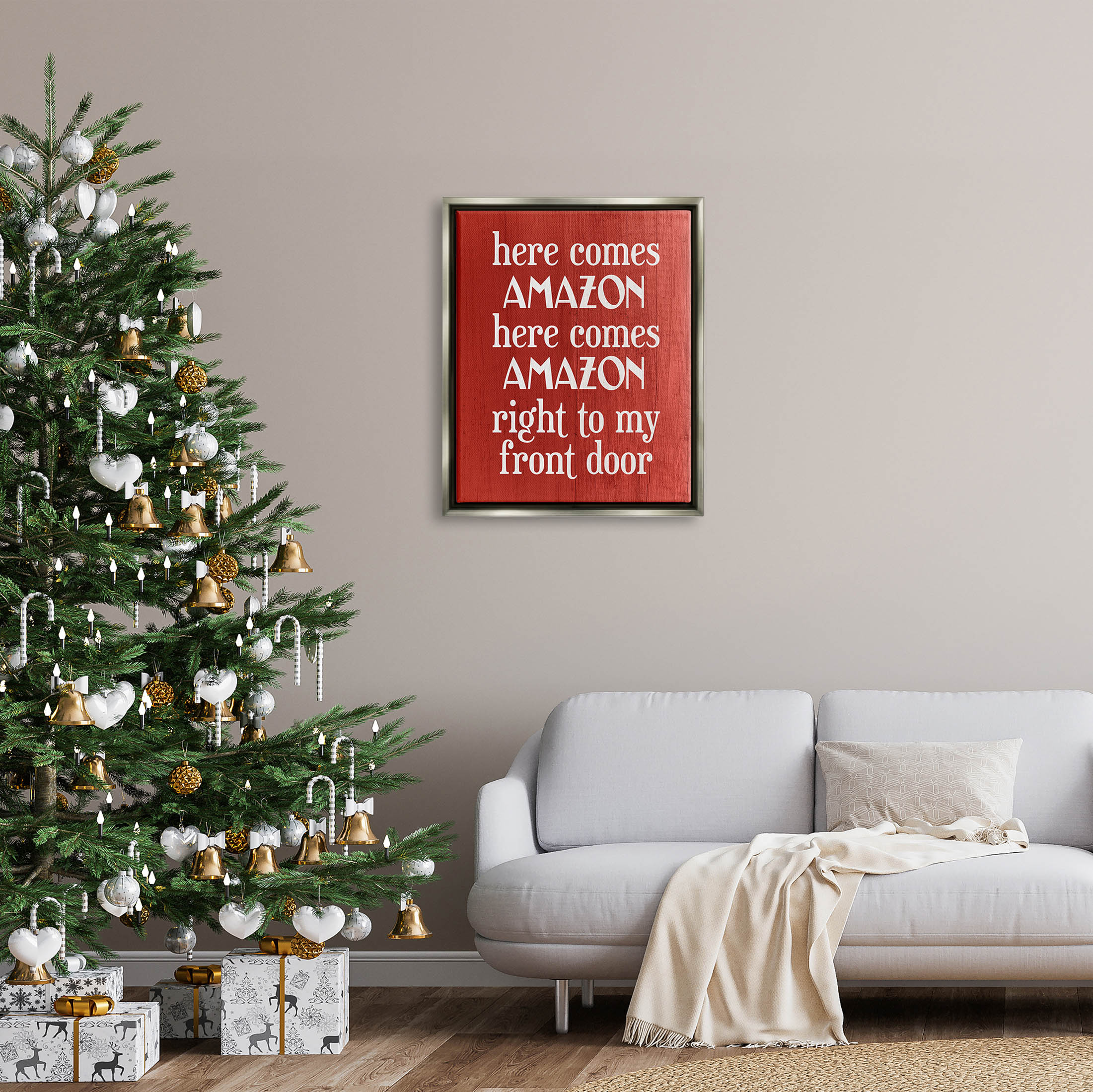 Stupell Industries Here Comes Amazon Funny Song Graphic Art Luster Gray Floating Framed Canvas Print Wall Art, Design by Lil' Rue