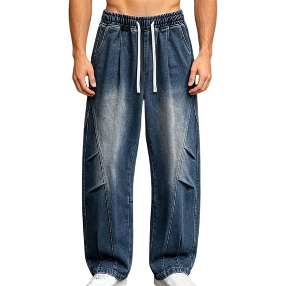 LODIENY Barrel Jeans for Men Wide Leg Hip Hop Pleated Front Jean Stylish Loose Fit Washed Denim Pants Casual Elastic Waist Streetwear Skateboard Trousers Blue L