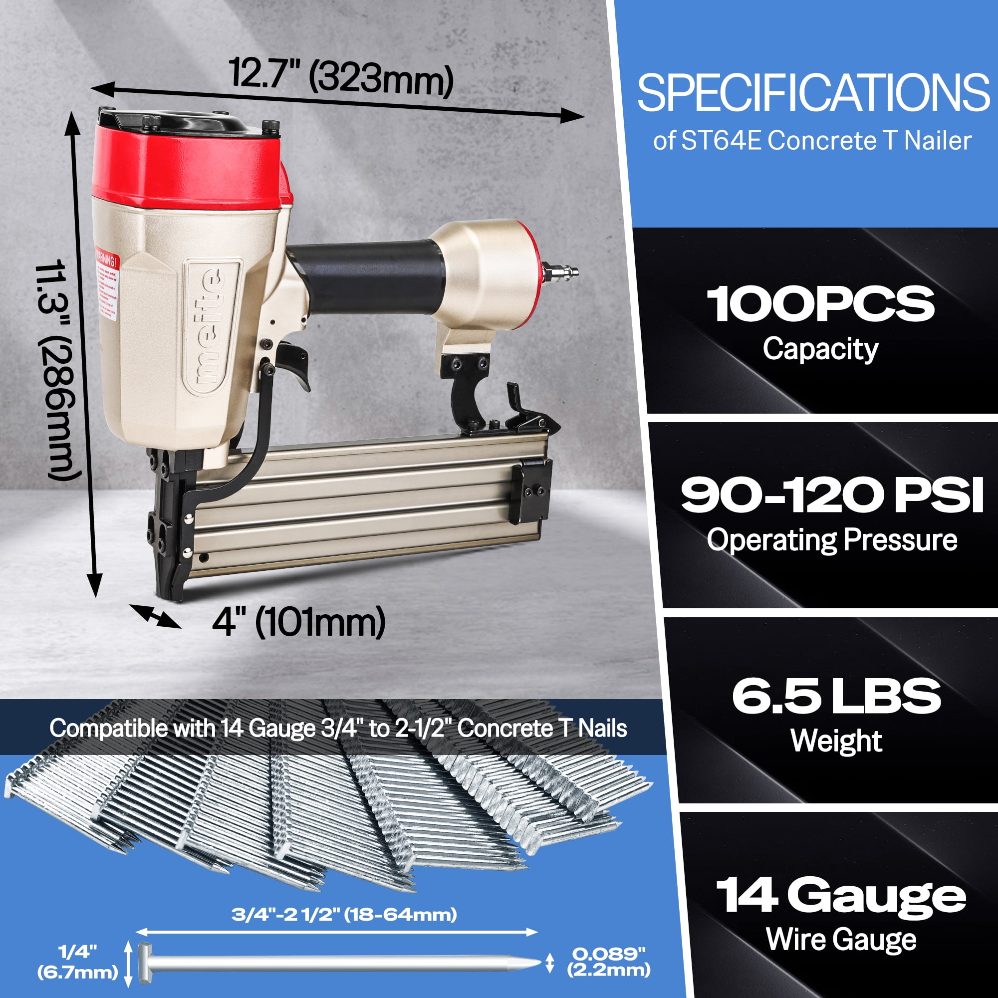 Meite ST64E 14 Gauge  Heavy Duty 3/4" to 2-1/2"Length Pneumatic Concrete T Nailer with 400 PCS Staples